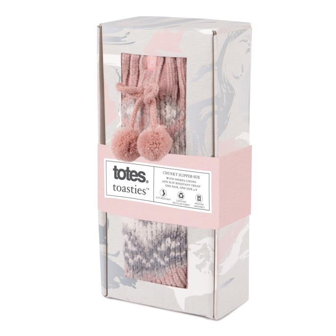 totes toasties® Ladies Fair Isle Chenille Slipper Socks Pink Fairisle Extra Image 1
